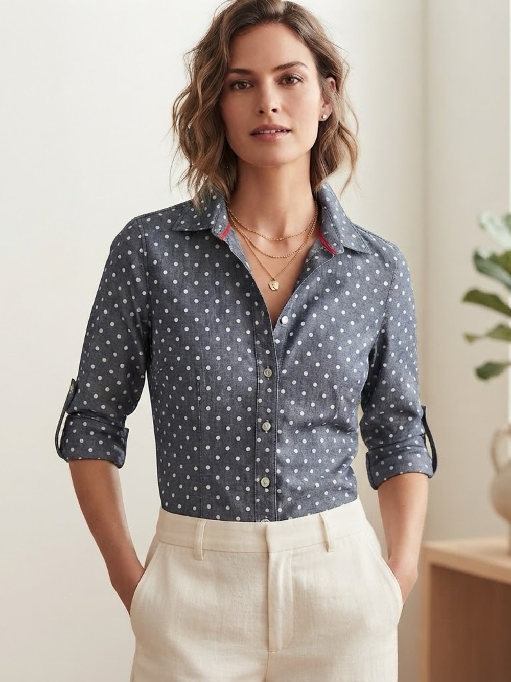 Talbots polka dot button up top